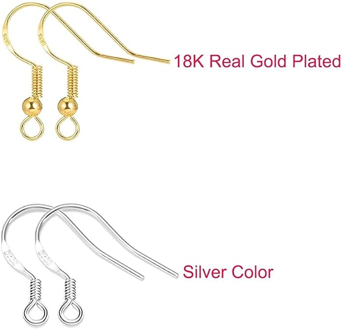 S925 Sterling Silver Earring Hooks - 8Pcs/4 Pairs Hypoallergenic 18K Gold Plated Ear Wires Fish Hooks for Jewelry Making, Jewelry Findings Parts with Rubber Earring Backs Stopper for DIY Jewelry