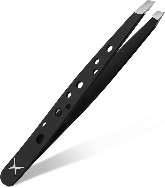 Premium Slant Tip Tweezers – Handmade Japanese Stainless Steel, Ultra-Precise Hair Removal Tool for Brows, Ingrowns & Splinters – Ergonomic 9-Hole Grip, Professional Salon Quality (Matt Black)