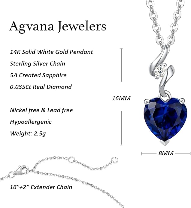 AGVANA Christmas Gifts 14K Solid White Gold Diamond Gemstone Pendant with Sterling Silver Chain 8mm Heart Birthstone Necklace Fine Jewelry Anniversary Birthday Gifts for Women Mom Wife
