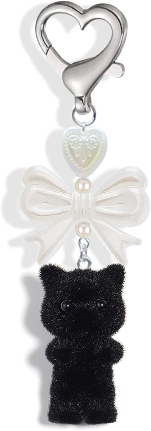 Agromusk Cute Kitty Keychain, Fuzzy Cat Decor Gifts, Y2K Heart Bow Pendent Women Girls Kawaii Cat Bag Charm