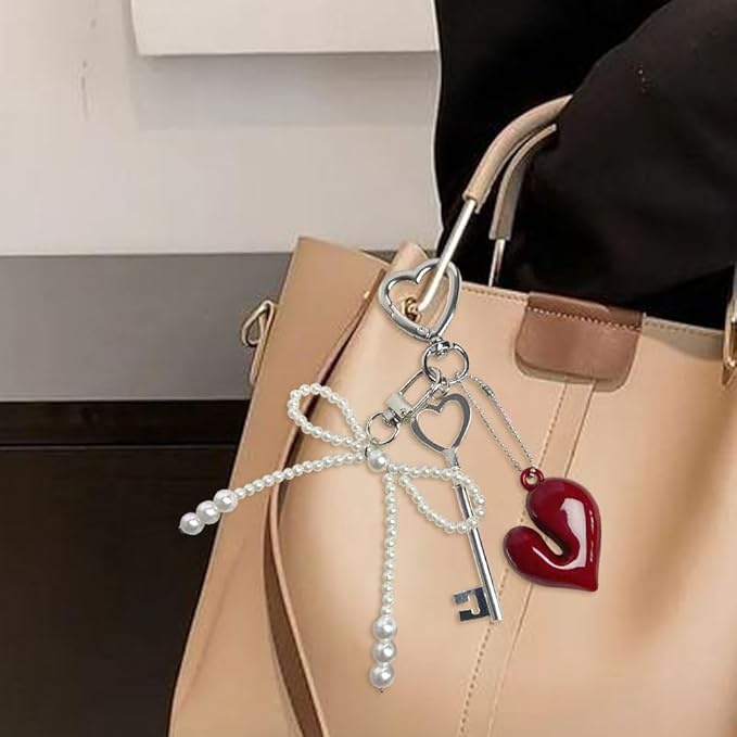 Cute Red Heart Pearl Bow Keychain Accessories, Decorative Pendant for Women's Keychain, Purse, Backpack, Handbags, Gifts