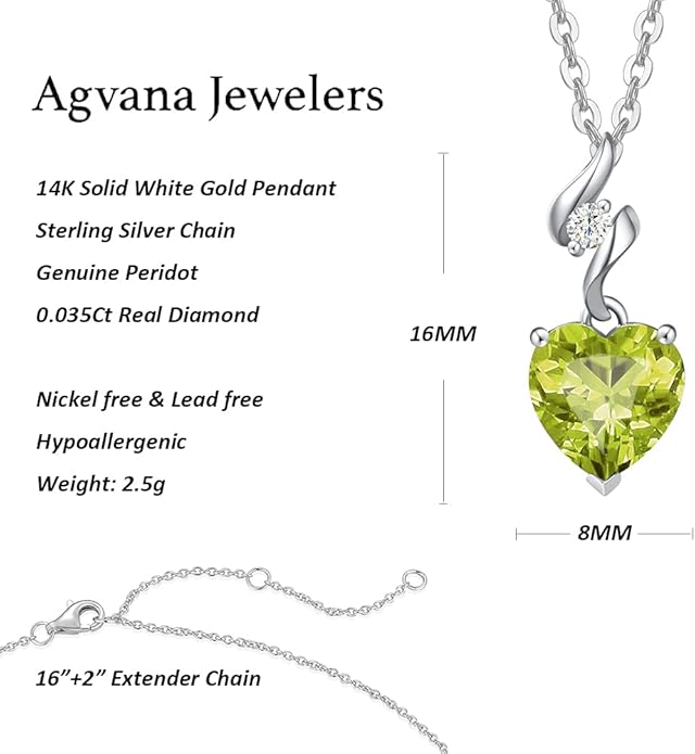 AGVANA Christmas Gifts 14K Solid White Gold Diamond Gemstone Pendant with Sterling Silver Chain 8mm Heart Birthstone Necklace Fine Jewelry Anniversary Birthday Gifts for Women Mom Wife