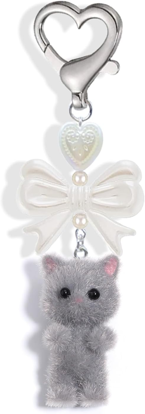 Agromusk Cute Kitty Keychain, Fuzzy Cat Decor Gifts, Y2K Heart Bow Pendent Women Girls Kawaii Cat Bag Charm