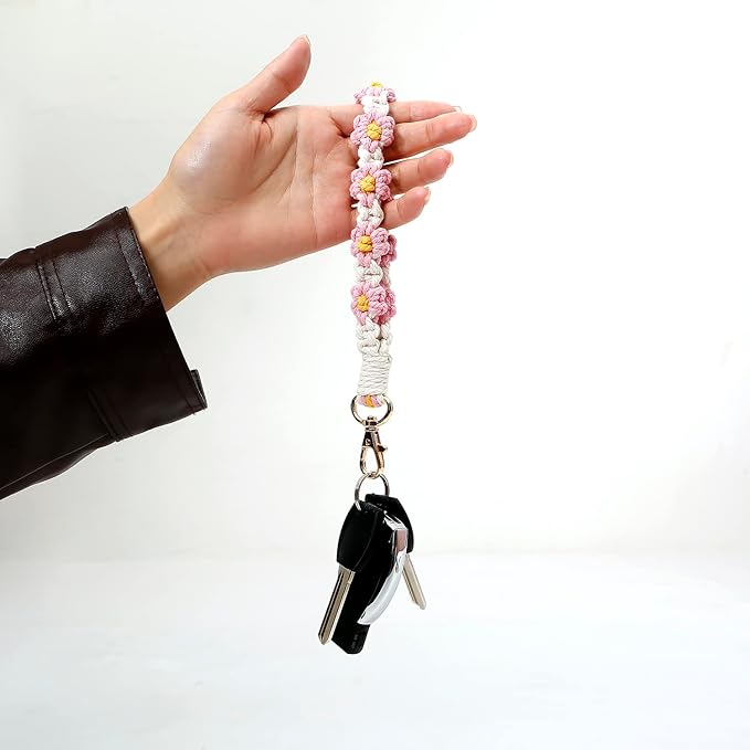 Macrame Keychain Handmade Wristlet Keychain Wrist Lanyard for Keys Cute flower keychain Key Chain for Women