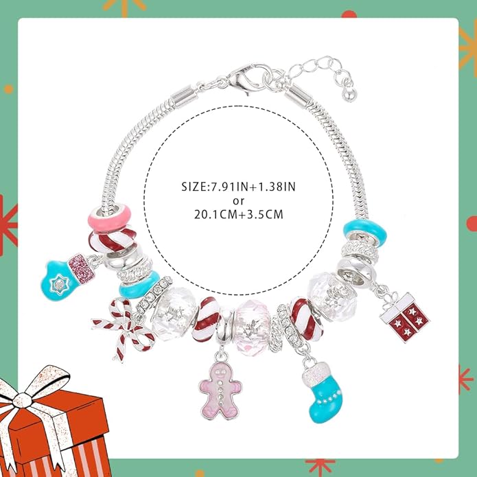 Madison Tyler Christmas Bracelet for Women | Xmas Adjustable Snake Chain Bracelet | Peppermint Candy Cane Gingerbread Man Bow Gloves Socks Charm Pearl Beaded Bracelet Holiday