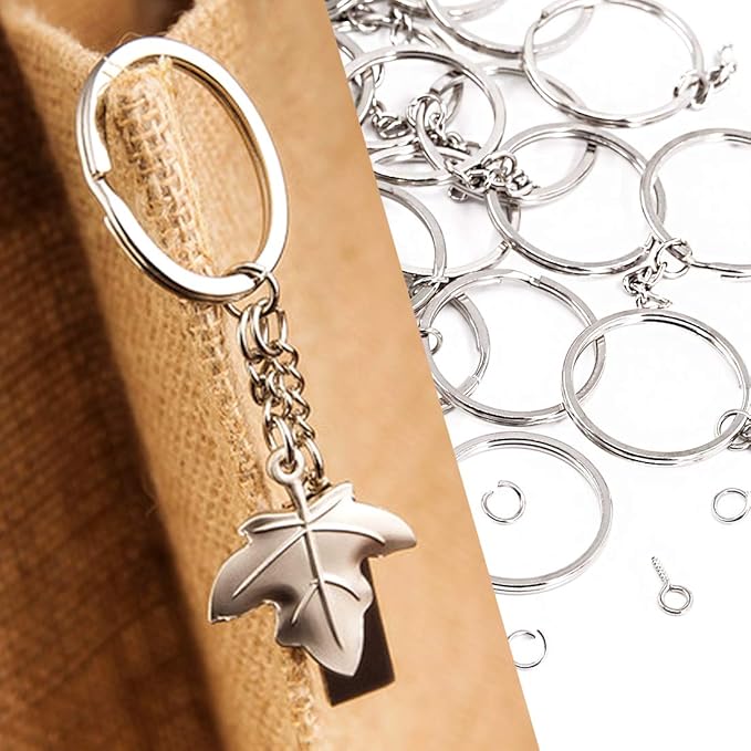 Swpeet 300Pcs 7/5 Inch 35mm Sliver Flat Key Chain Rings Kit, Including 100Pcs Split Keychain Rings with Chain and 100Pcs Jump Ring with 100Pcs Screw Eye Pins Bulk for Jewelry Findings Making