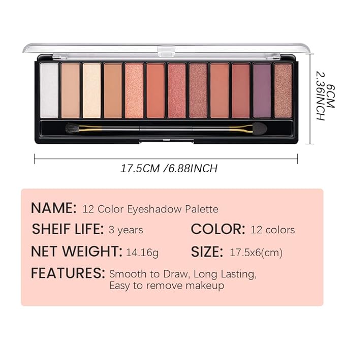 12 Colors Warm Eyeshadow Palette β Matte, Shimmer & Glitter Copper Coral Tones β Rose Gold, Champagne, Bronze & Terracotta Shades β High Pigment, Long-Lasting Eye Makeup for Women β 04#