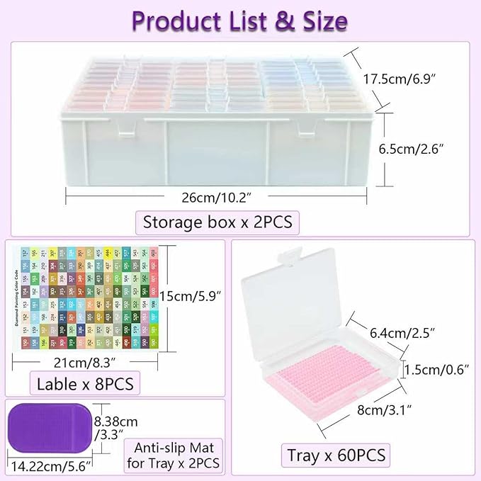 Lanzeyo 60 Pcs Diamond Art Storage Trays with Lids Diamond Painting Storage Box with Color Labels Diamond Painting Accessories Diamond Art Beads Organizer Box for Adult Crafts (2 Packs)