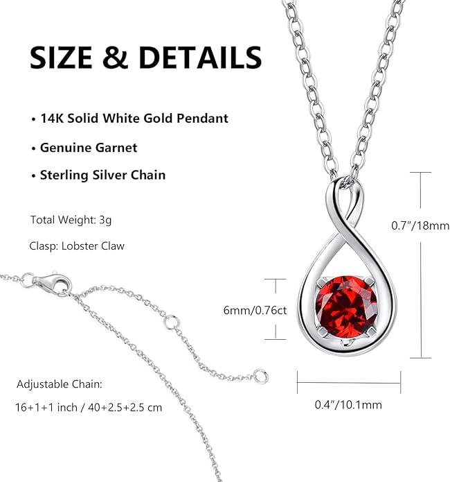 FANCIME 14K Solid Gold Birthstone Pendant with Sterling Silver Chain Infinity Gemstone Necklace Fine Jewelry Anniversary Birthday Christmas Gifts for Women Wife Her