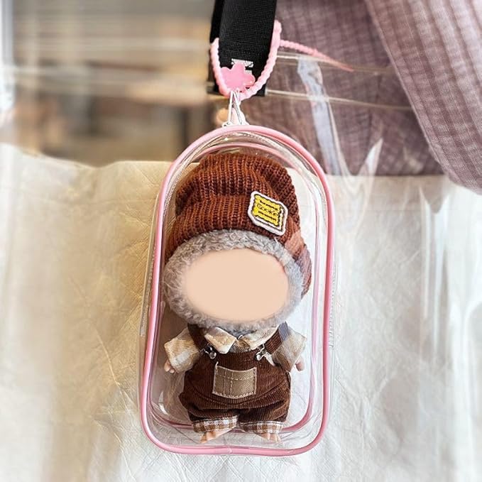 Clear Display & Storage Case for 17&15cm Plush Doll PVC Bag with Detachable Keychain for Collectible Toys and Cosmetics, Portable cases for Travel or Home Decor (pink)