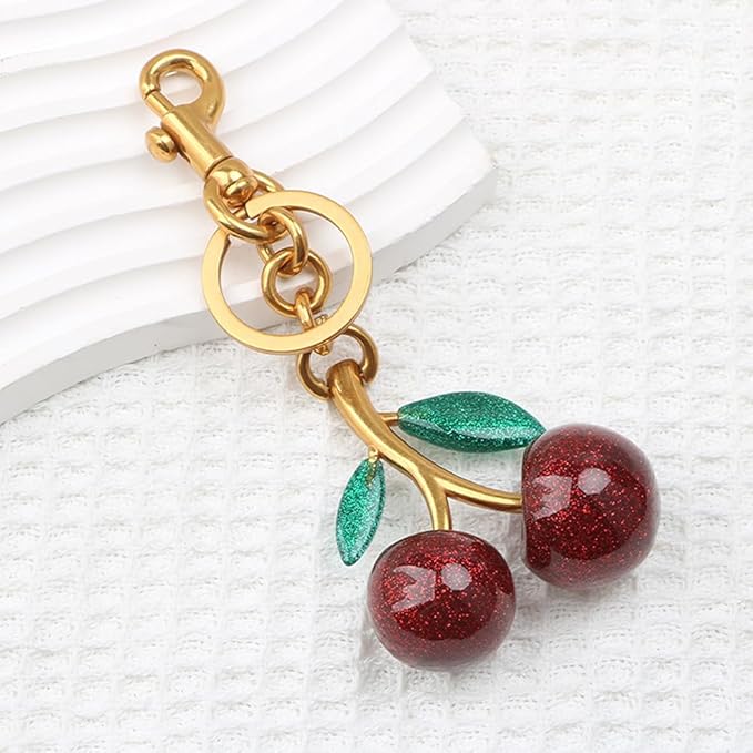 Cherry Keychain for Purse - Resin Alloy Silver Cherry Bag Charm,Cute Fruit Accessory for Women/Gift/Home/Car