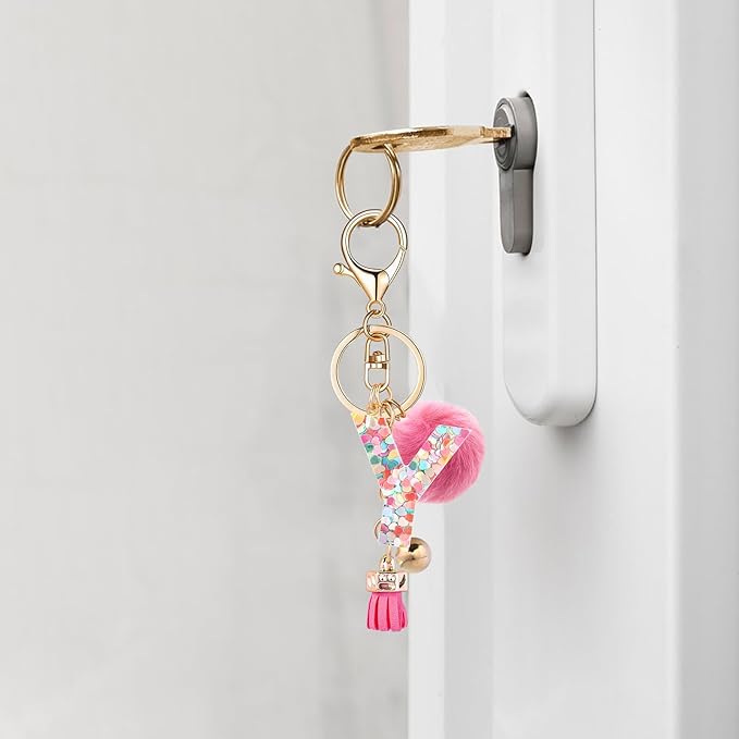 Resin Alphabet Initial Letter Keychain Keyring for Women Purse Handbags With Fur Ball Pom