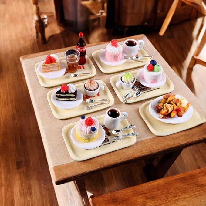 6-Piece Happy Afternoon Tea Miniature Set – Dollhouse Kitchen Accessories, Includes Tray, Soda, Cake, Plate, Spoon, Perfect for Pretend Play, Miniature Food Set for Dollhouses and Play Kitchens