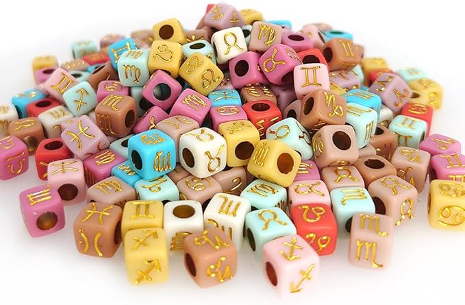 200+ Pieces 7x7mm Colorful Gold Cube Acrylic Alphabet Zodiac Charms Constellation Beads Mixed Plastic Shape Loose Beads forJewelry Making Bracelets Necklaces Key Chains (Gold on Colorful)