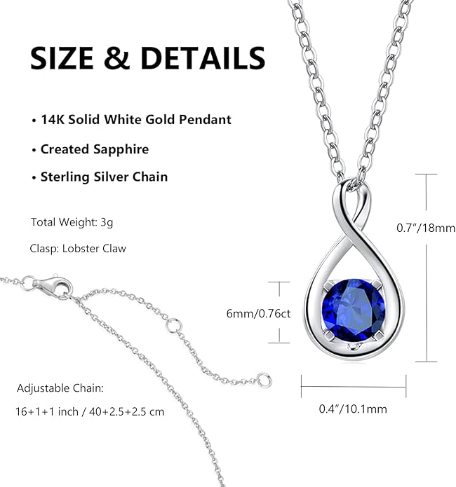 FANCIME 14K Solid Gold Birthstone Pendant with Sterling Silver Chain Infinity Gemstone Necklace Fine Jewelry Anniversary Birthday Christmas Gifts for Women Wife Her