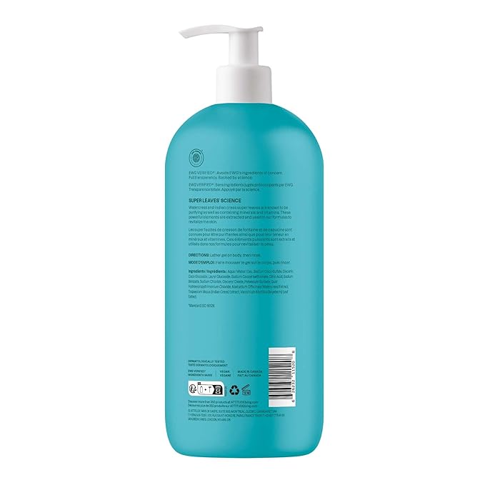 ATTITUDE Body Wash, EWG Verified Shower Gel, Dermatologically Tested, Plant and Mineral-Based, Vegan Personal Care Products, Extra Gentle, Unscented, 32 Fl Oz