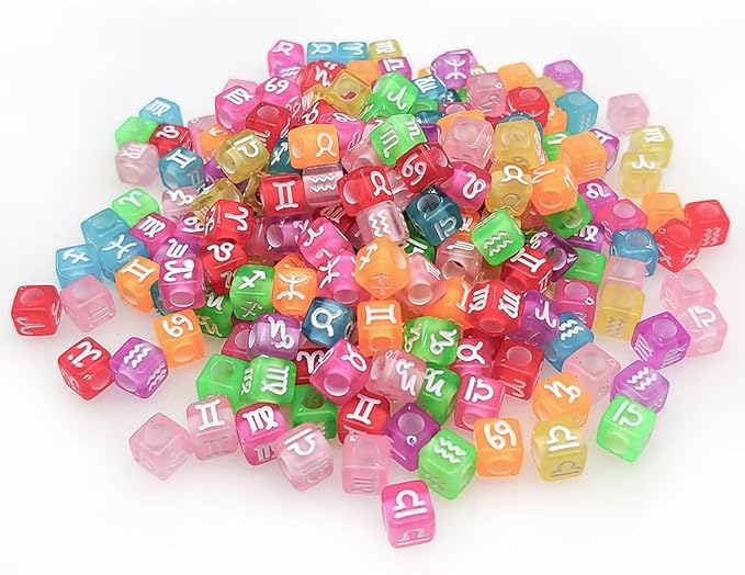200+ Pieces 7x7mm Colorful White Cube Acrylic Alphabet Zodiac Charms Constellation Beads Mixed Plastic Shape Loose Beads forJewelry Making Bracelets Necklaces Key Chains (White on Colorful)