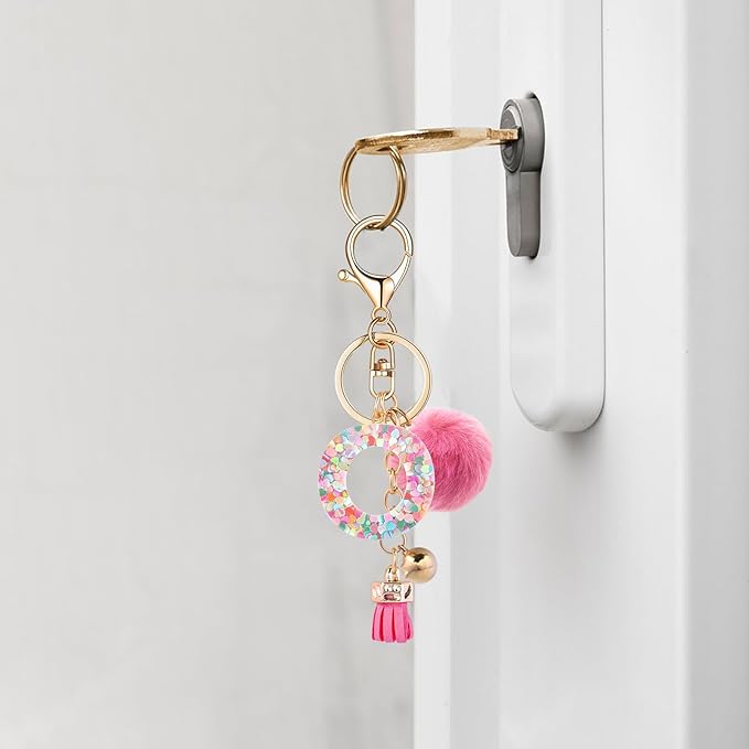 Resin Alphabet Initial Letter Keychain Keyring for Women Purse Handbags With Fur Ball Pom