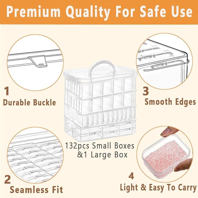 131pcs Bead Storage Container,4Tier-Bead Organizer Boxes And Craft Storage Boxes, Storage Stackable portable box,DIY Jewelry Craft Nails, Bracelets, Jewelry, Diamonds, Pens, (4Tier)