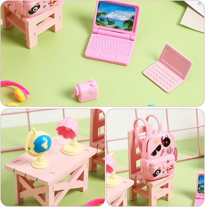 FAVOMOTO 18PCS Mini Doll School Supplies, Kids Dolls Dollhouse Accessories with Backpacks Rulers Desk Lamps Laptops Miniature Plastic Stationery Set for Dollhouse DIY Crafting School Playsets