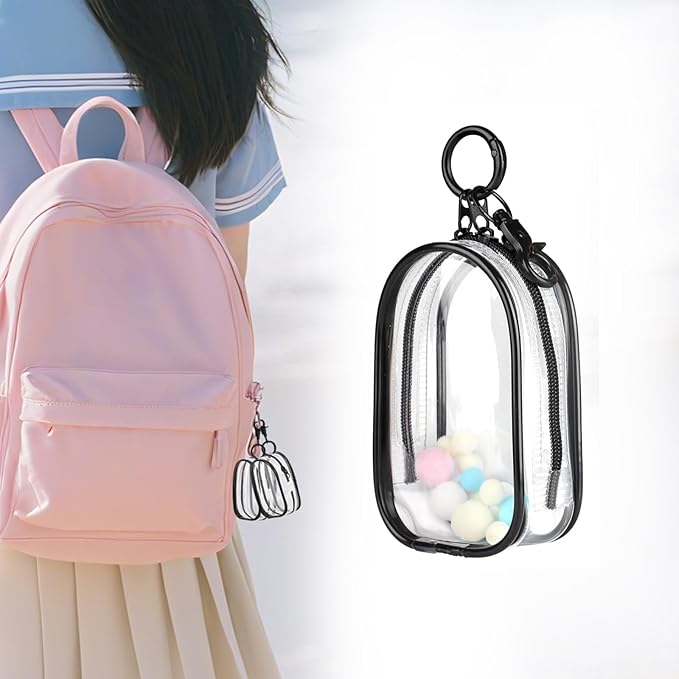 2PCS Clear Character Display Bag Mini Doll Hanging Box with Key Chain, Portable Zipper Closure Dust Guard Set Box - Semi-Circular (Black + Transparent)