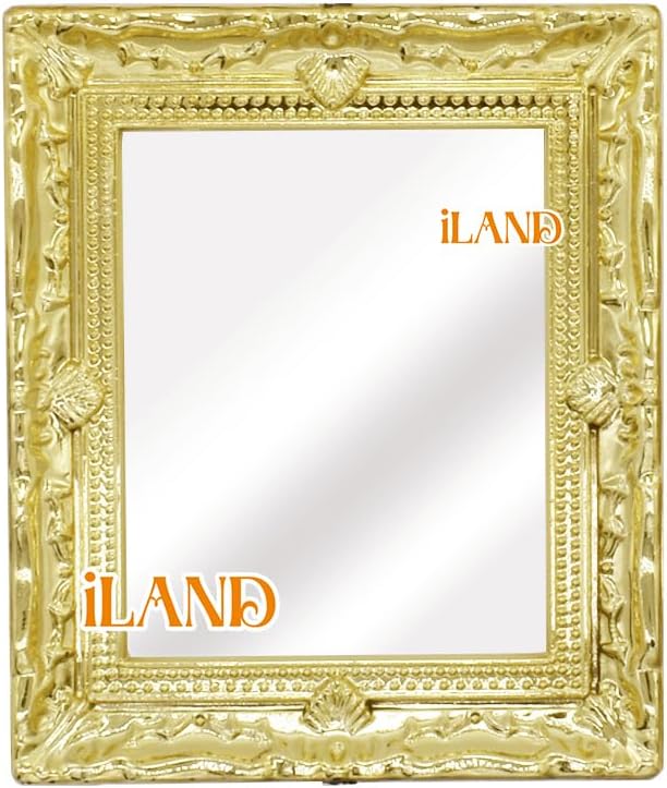 iLAND Mini Mirrors, Dollhouse Accessories on 1:12 Scale, Miniature Framed Glass Mirror (Bright Golden 4pcs)