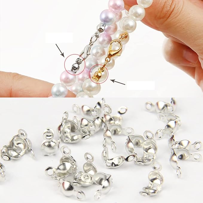 1500 Pieces Beads Tips Knot Covers Clamshell Crimp Tips Beads Set Calotte Ends Knot Covers Fold-Over Bead Covers for Jewelry Making DIY Bracelet Necklaces(Gold)