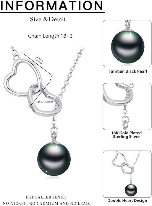 KANNSOAR Tahitian Black Pearl AAAA 18K White Gold Plated Sterling Silver Double Heart Pendant Y Necklace for Women Wife Mom Girlfriend Valentine Her Jewelry Gift for Anniversary Birthday