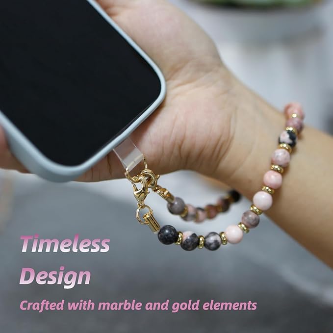 Marble Beaded Phone Wrist Strap,Detachable Phone Bracelet Strap with Tether Tab,Hands-Free Wristlet Strap (Pink Zebra)