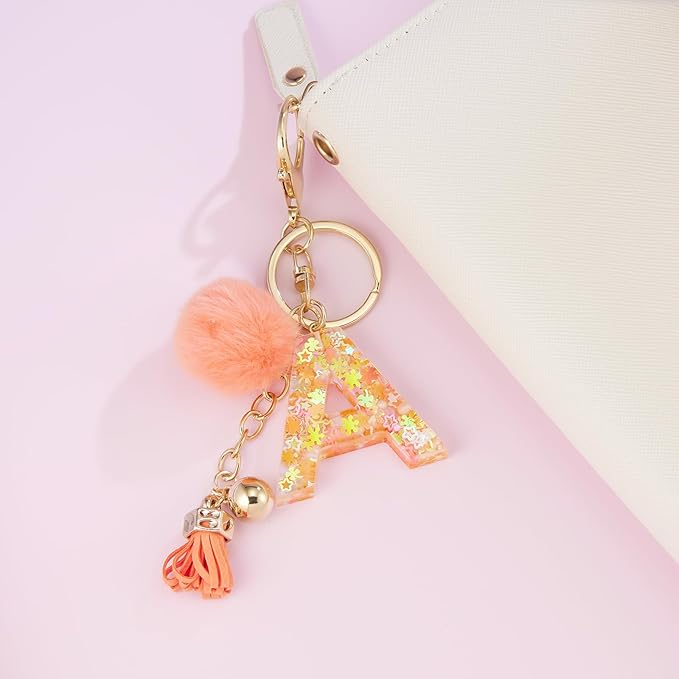 Resin Alphabet Initial Letter Keychain Keyring for Women Purse Handbags With Fur Ball Pom