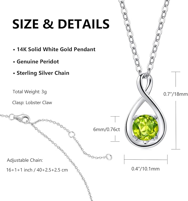 FANCIME 14K Solid Gold Birthstone Pendant with Sterling Silver Chain Infinity Gemstone Necklace Fine Jewelry Anniversary Birthday Christmas Gifts for Women Wife Her