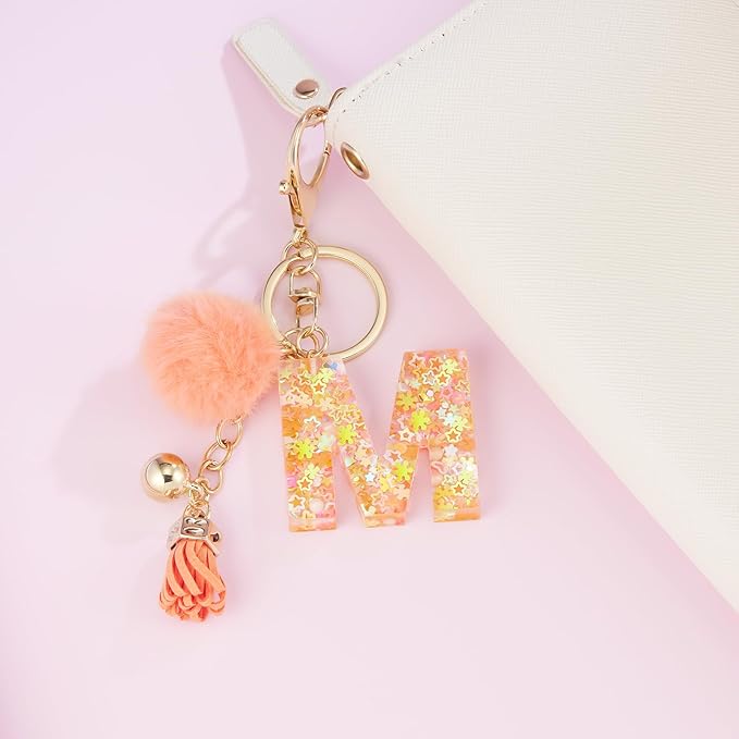 Resin Alphabet Initial Letter Keychain Keyring for Women Purse Handbags With Fur Ball Pom