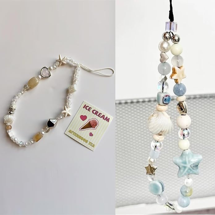 2 Pcs Phone Charm Strap Hand Universal for iPhone Wrist Strap Camera Lanyard Pearl Beaded Cute Chain String Accessories Universal for iPhone 17 Pro Max Samsung Women Girls Phones Bag Keychain