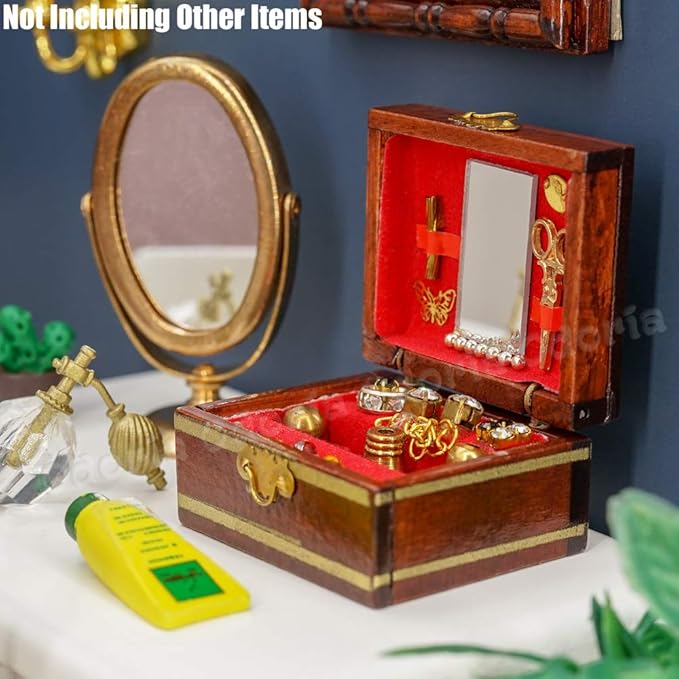 Odoria Dollhouse Jewelry Box Miniature: 1/12 Scale Makeup Box Organizer for Bedroom Victorian - Mini Treasure Chest Vintage Antique - Tiny DIY for Craft Wooden