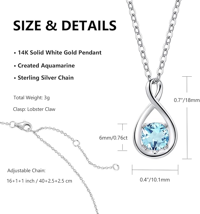 FANCIME 14K Solid Gold Birthstone Pendant with Sterling Silver Chain Infinity Gemstone Necklace Fine Jewelry Anniversary Birthday Christmas Gifts for Women Wife Her