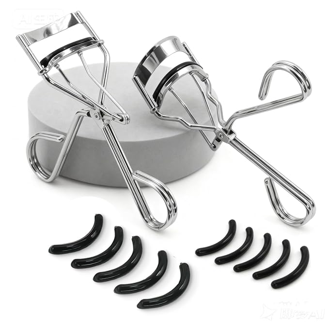 qiipii 2 Kinds of Eyelash Curlers with Different Curvature Suitable for Various Eyes Shapes, Silver Comfort Grip,10 Silicone Replacement Refills Pads for Perfect Framed Lashes - Gentle & Safe Use
