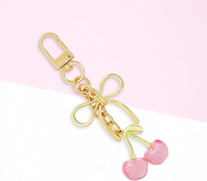 Tiny Cherry Keychain Cute Red Black Pink Cherry Key Chain for Women Glitter Small Bag Charms Car Keys Accessories