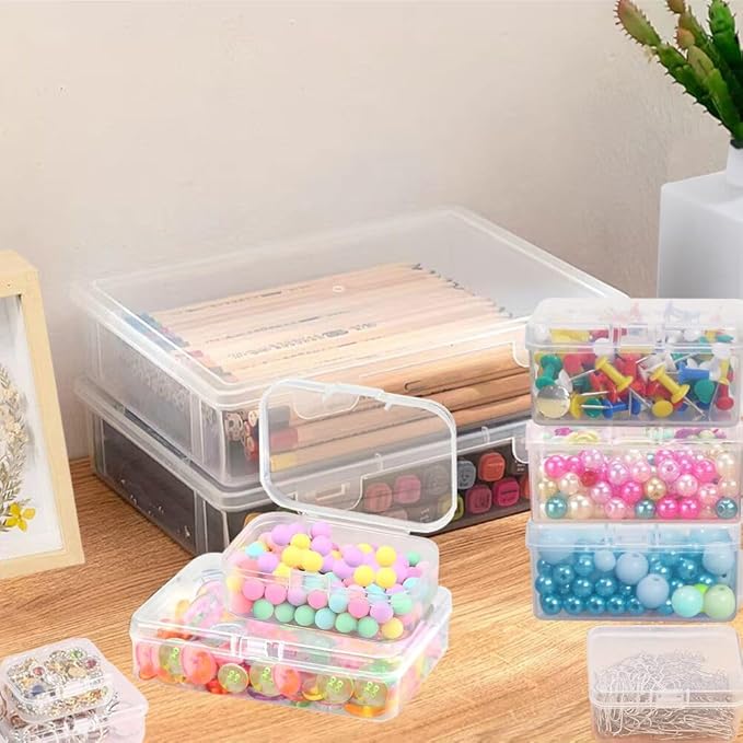 Bead storage container,90pcs of different sizes rectangular mini clear plastic storage box with hinged lid and label for bracelet making DIY jewelry craft nail organizer,(Mix Size-1)