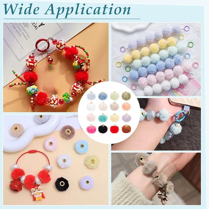 PH PandaHall 96PCS Pom Poms Charm, 16 Colors Pompoms Charm Fabric Fur Metallic Pompoms Pendants DIY Ball Charms with Iron Loops for Dangle Tassel Earrings Charms Pendant Jewellery Making