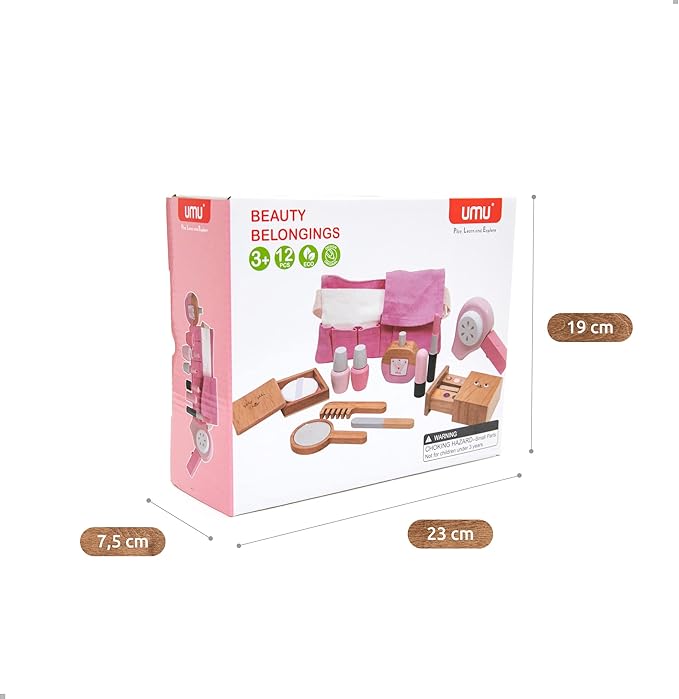 UMUยฎ Wooden Beauty Salon Toys for Girls Makeup Playset 12 Piece Kit with Makeup, Brush, Mirror and Cosmetics Case, Best Gift for 3, 4, 5+ Girls Kids