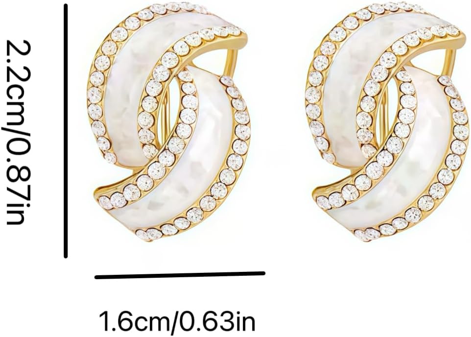 Gold Plated Double Hoop Earrings for Women, White Enamel & Cubic Zirconia Statement Earrings