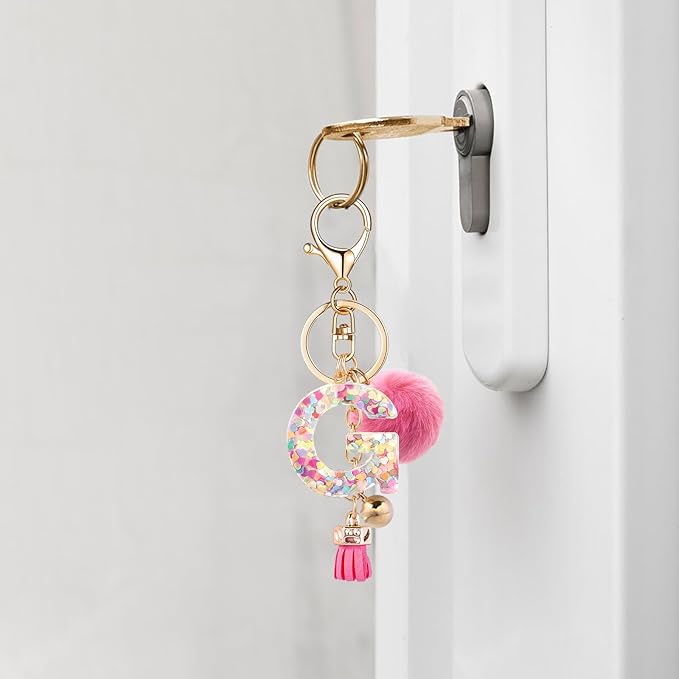 Resin Alphabet Initial Letter Keychain Keyring for Women Purse Handbags With Fur Ball Pom