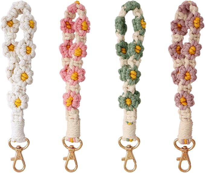 Boho Keychain Handmade Keychain Wristlet Key Chain Wrist Lanyard for Keys Cute daisy keychain for Women