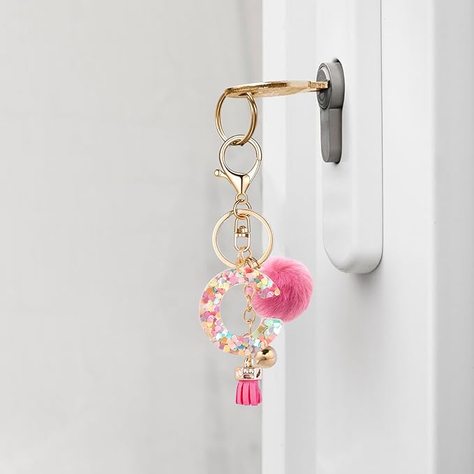 Resin Alphabet Initial Letter Keychain Keyring for Women Purse Handbags With Fur Ball Pom