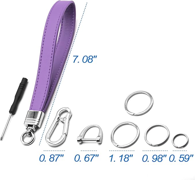 Car Fob Key Chain Genuine Leather Wristlet Strap Keychains Holder for Men and Women, 360 Degree Rotatable, with Anti-lost D-Ring, Carabiner Clip and 4pcs Key Rings, Purple