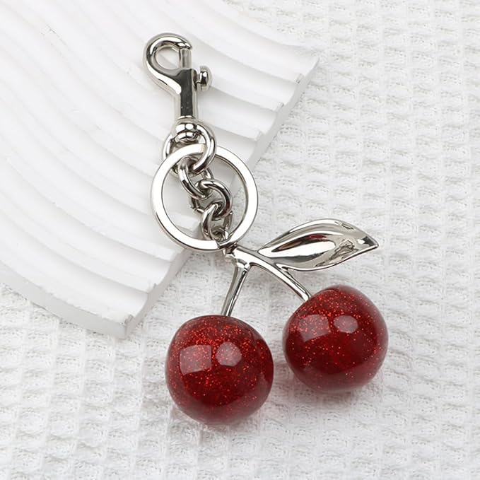 Cherry Keychain for Purse - Resin Alloy Silver Cherry Bag Charm,Cute Fruit Accessory for Women/Gift/Home/Car