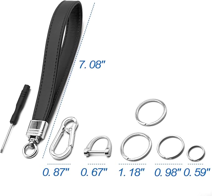Car Fob Key Chain Genuine Leather Wristlet Strap Keychains Holder for Men and Women, 360 Degree Rotatable, with Anti-lost D-Ring, Carabiner Clip and 4pcs Key Rings, Black