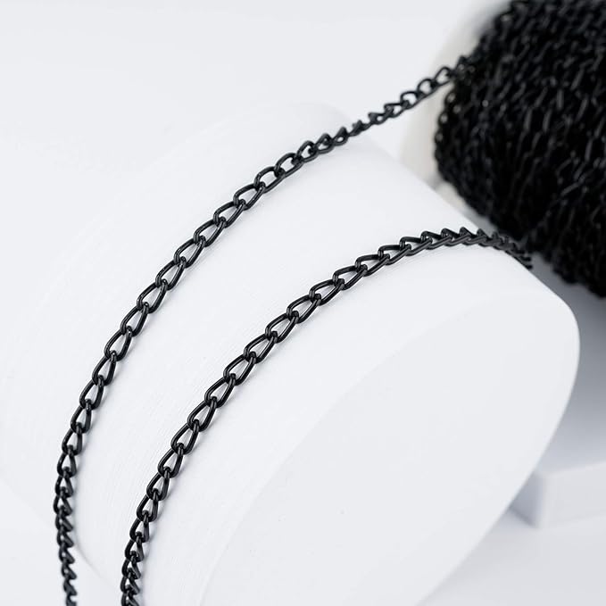 WUBOECE 11 Yards Aluminum Curb Chain Link with Spool, 4mm Width Twisted Cross Necklace Finding Chains in Bulk for DIY Crafts, Jewelry Making Supplies, Black