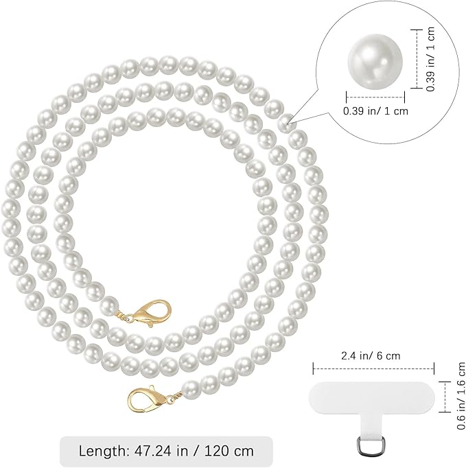 MoKo Universal Phone Lanyard, Pearl Beaded Cell Phone Chain Crossbody Strap Anti-Theft Detachable Women Cellphone Lanyards Around The Neck with Patches for iPhone, Most Smartphones - White