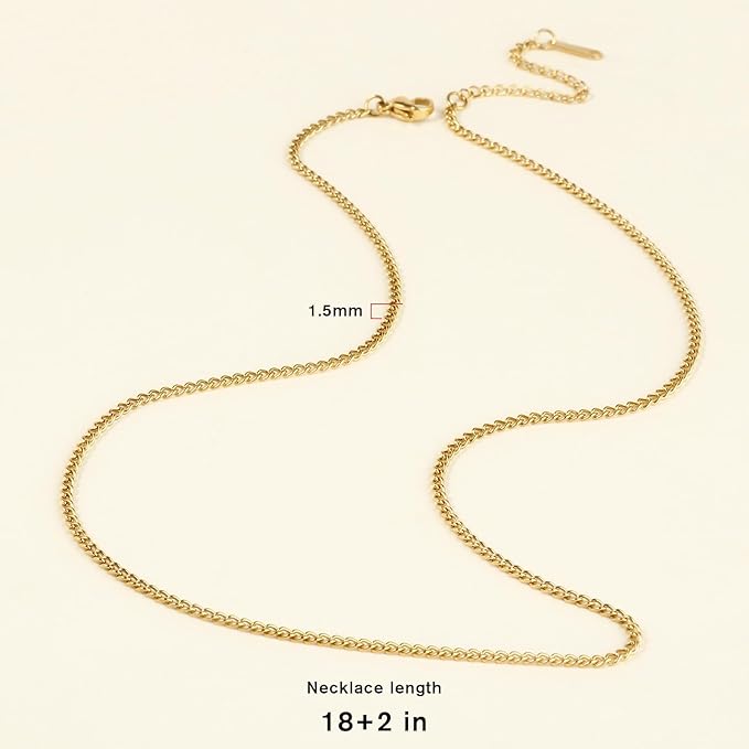 Cadikez 24PCS Gold Curb Chain Necklace Bulk, 1.5mm 18inch 18K Gold PVD Plated Stainless Steel Finished Flat Twisted Link Chains for Necklace Jewelry Making